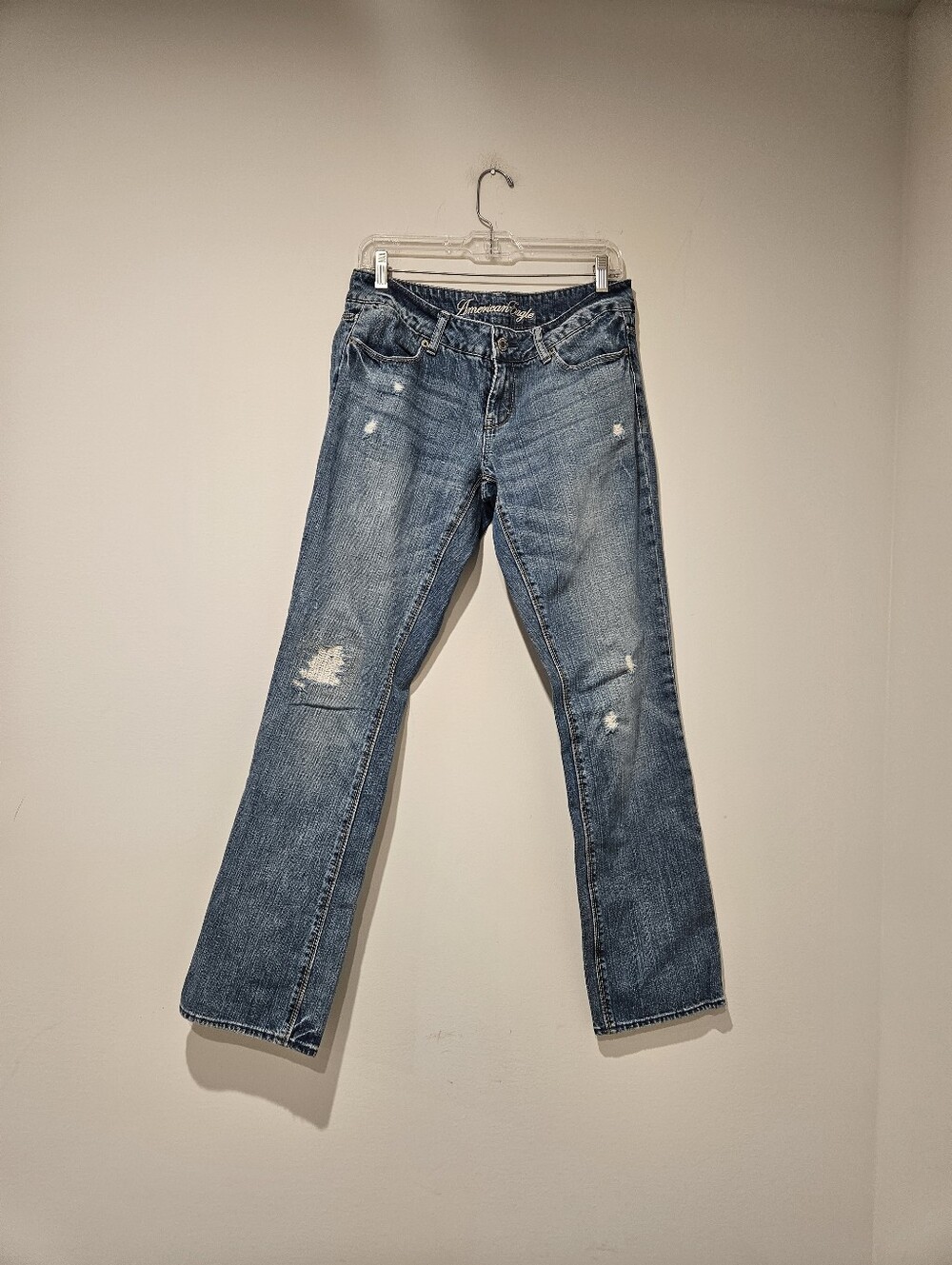 American Eagle Outfitters Distressed Blue Straight-Leg Jeans, Size 8